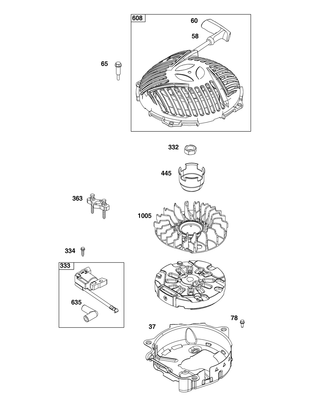 Flywheel, Ignition, And Starter Group Diagram and Parts List for 123P02-0021-H5 100000 - 19Z999 Briggs and Stratton Engine